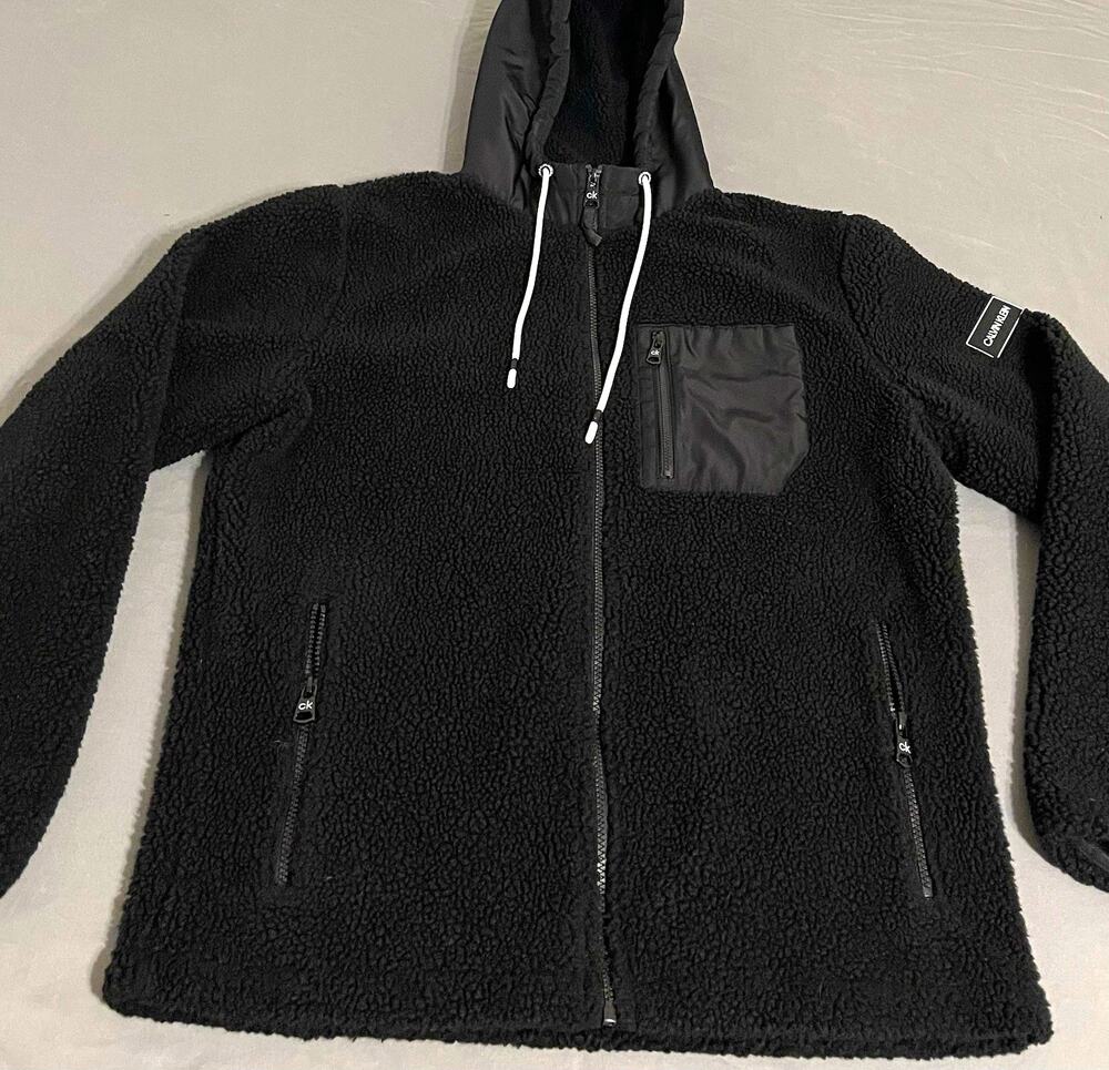 Calvin Klein Performance Mens M Black Full Zip Sherpa Hoodie Jacket CK Hooded